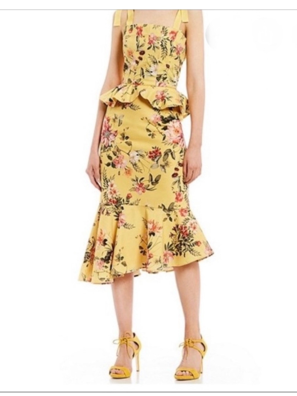 ANTONIO MELANI Yellow Floral Peplum Midi Dress Skirt